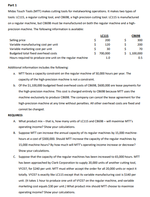 PLEASE HELP!!! Midas Touch Tools (MTT) makes cutting tools for metalworking operations.