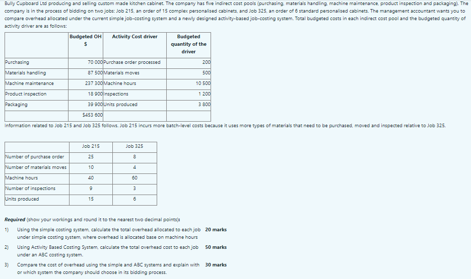  1) Using the simple costing system, calculate the total overhead allocated