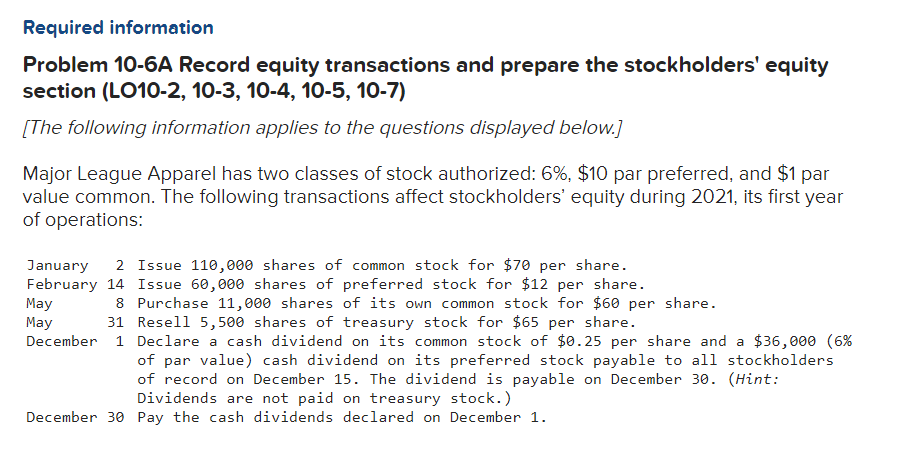 Required information Problem 10-6A Record equity transactions and prepare the stockholders'