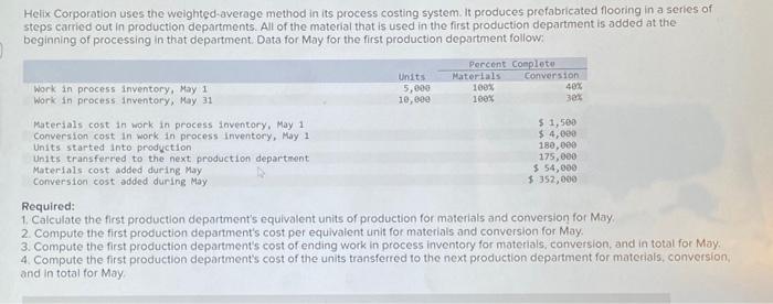  Helix Corporation uses the weighted-average method in its process costing system.