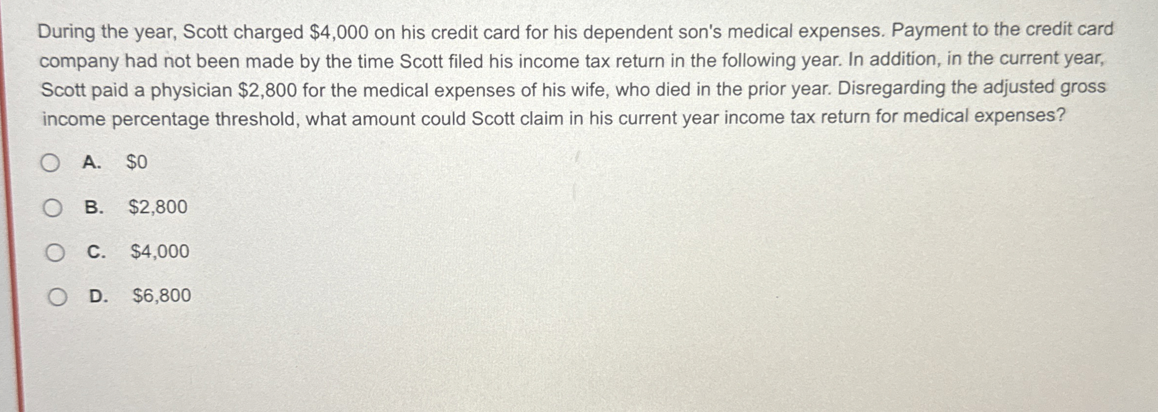  During the year, Scott charged $4,000 on his credit card for