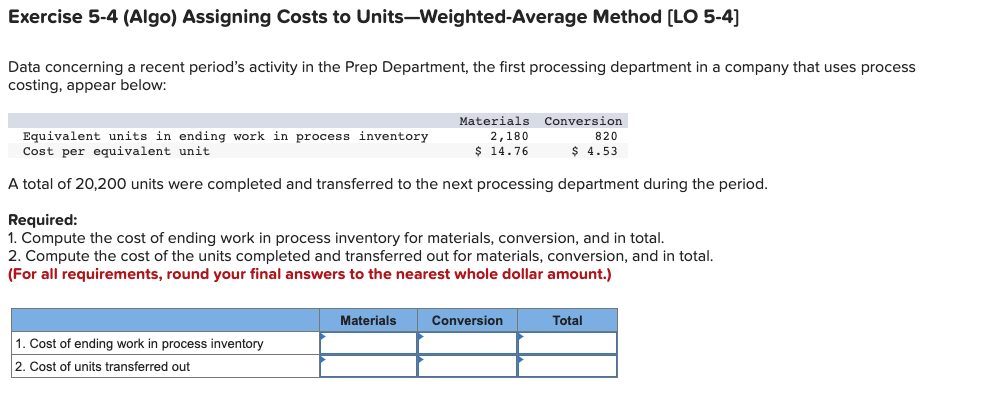  Exercise 5-4 (Algo) Assigning Costs to Units-Weighted-Average Method [LO 5-4] Data