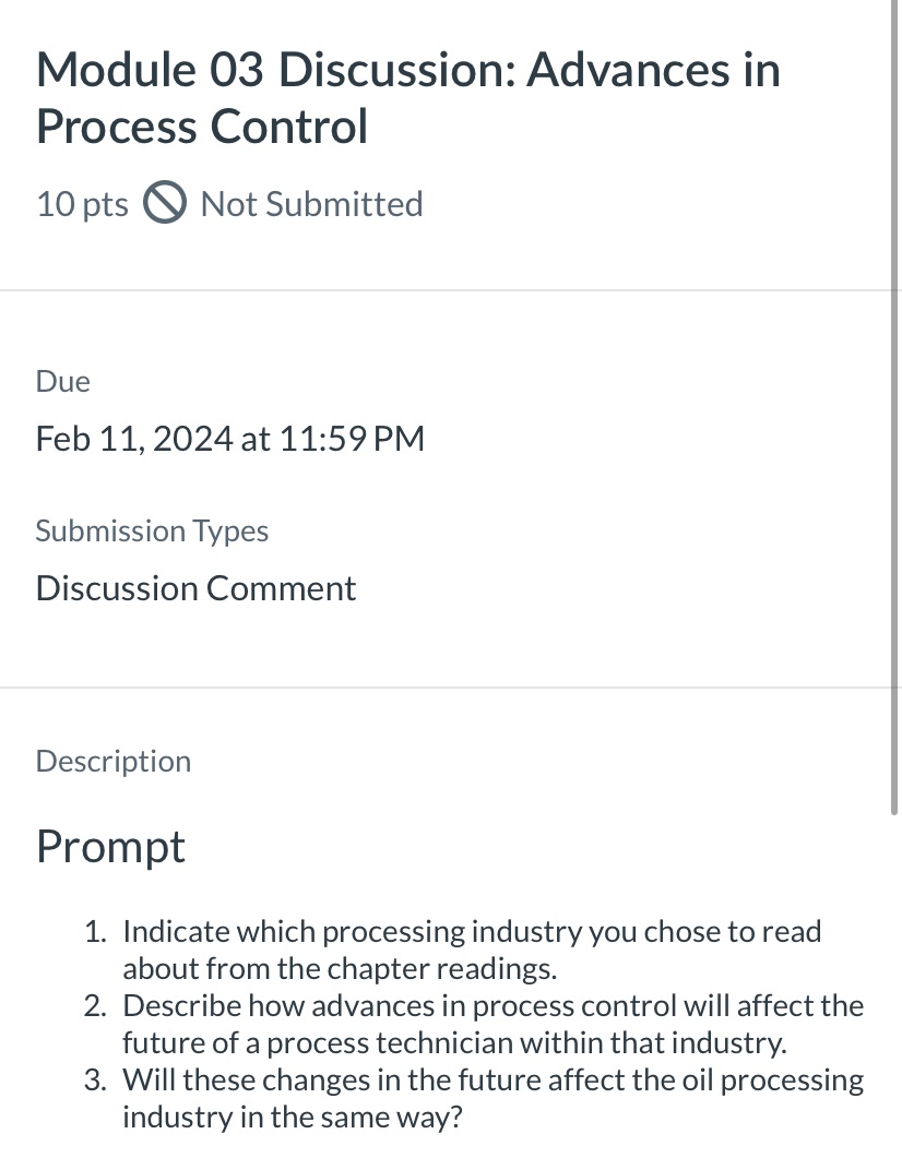  Module 03 Discussion: Advances in Process Control 10 pts Not Submitted