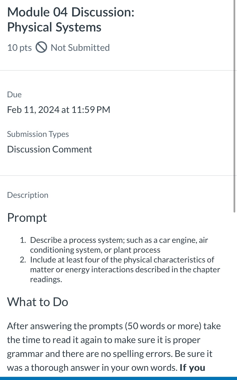 Help Module 04 Discussion: Physical Systems 10 pts Not Submitted Due Feb