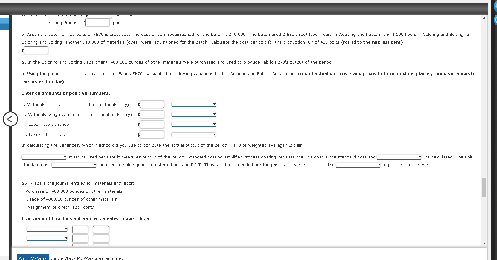 Fabric FB70 (actual costs and actual outcomes): beginning of each process. The