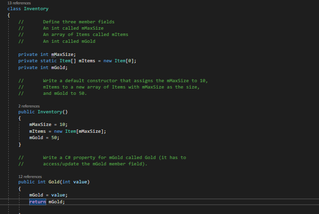  13 references class Inventory Define three member fields An int called