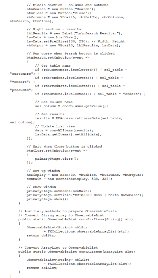 (DBAccess . java and FortaUI . java), the two scripts for the
