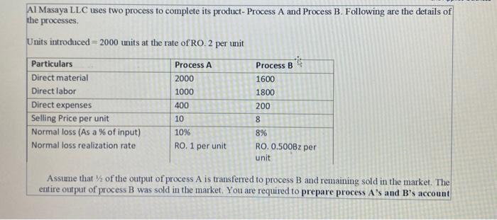  Al Masaya LLC uses two process to complete its product- Process
