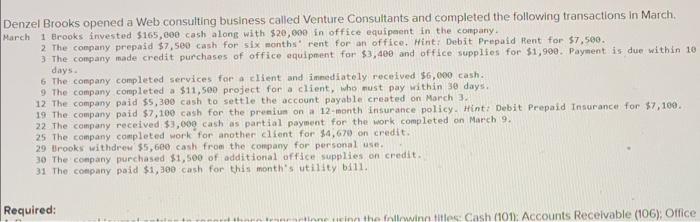 how do i write a trial balance for this Denzel Brooks opened