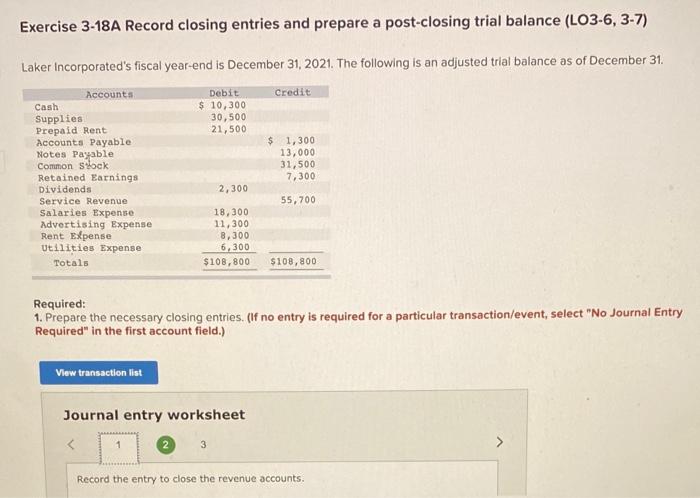 (LO3-6, 3-7) Laker Incorporated's fiscal year-end is December 31, 2021. The following