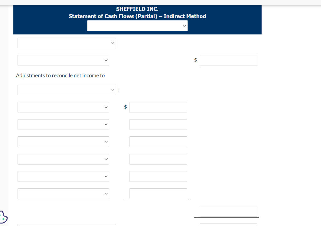  SHEFFIELD INC. Statement of Cash Flows (Partial) - Indirect Method $