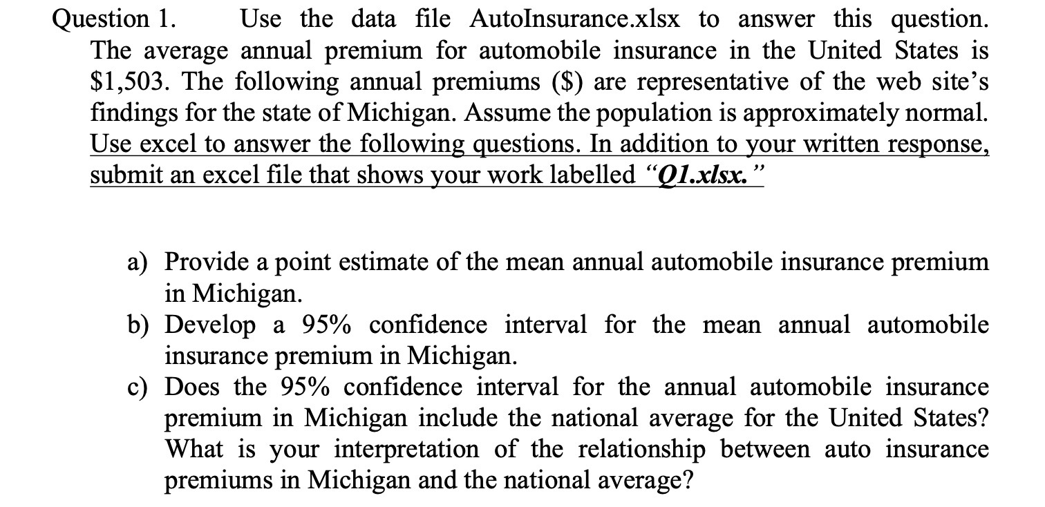  Question 1. Use the data file AutoInsurance.xlsx to answer this question.