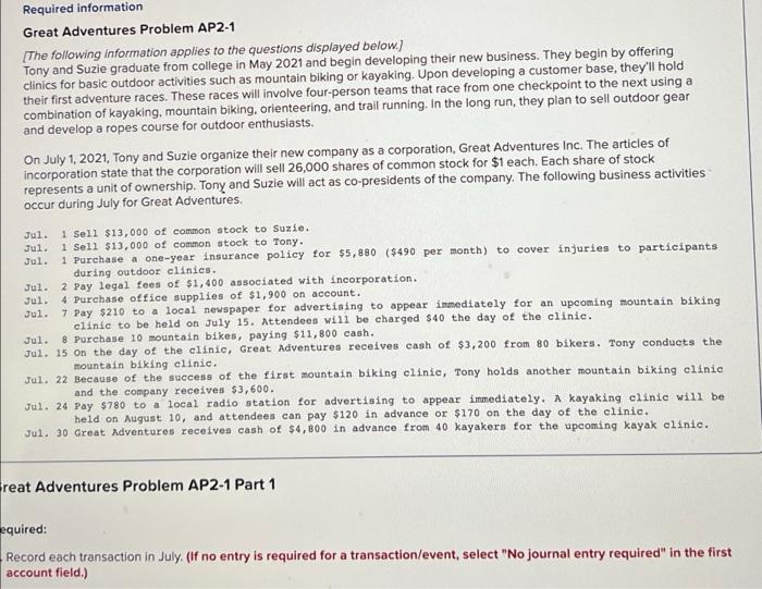 need help with this Required information Great Adventures Problem AP2-1 [The following