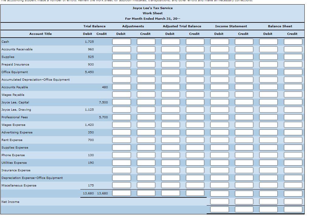 accounting student tried to complete a work sheet for Joyce Lee's Tax