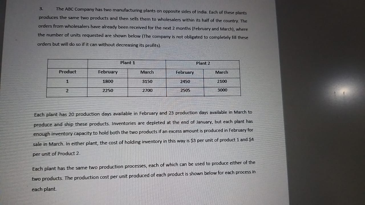 Please solve transportation problem 3. The ABC Company has two manufacturing plants
