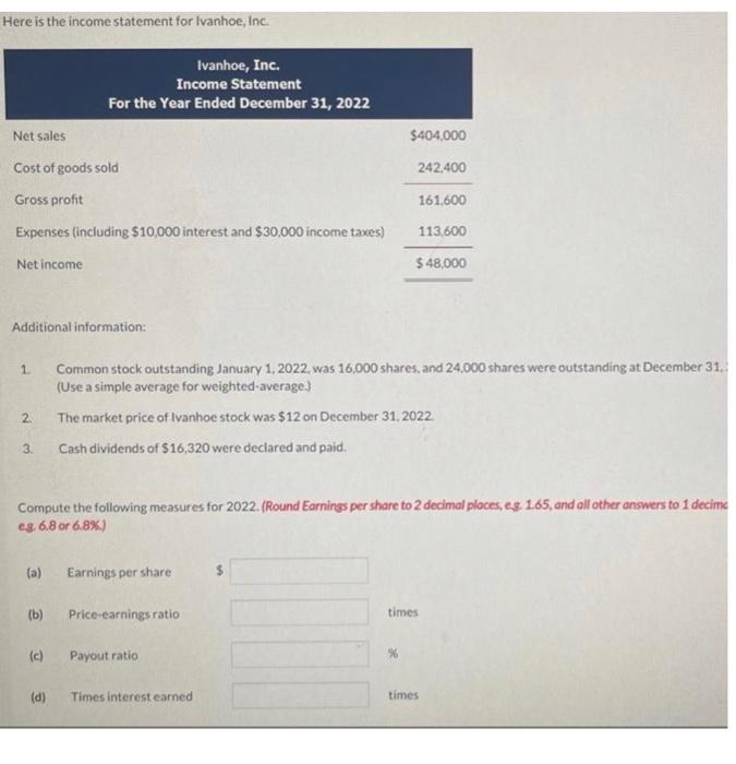  Here is the income statement for Ivanhoe, Inc. Additional information: 1.