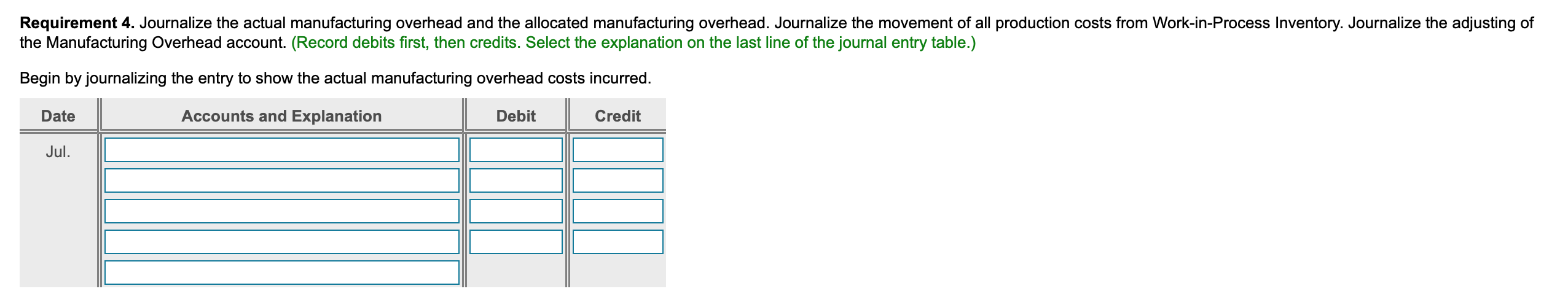 and the fixed overhead cost and volume variances. 4. Journalize the actual