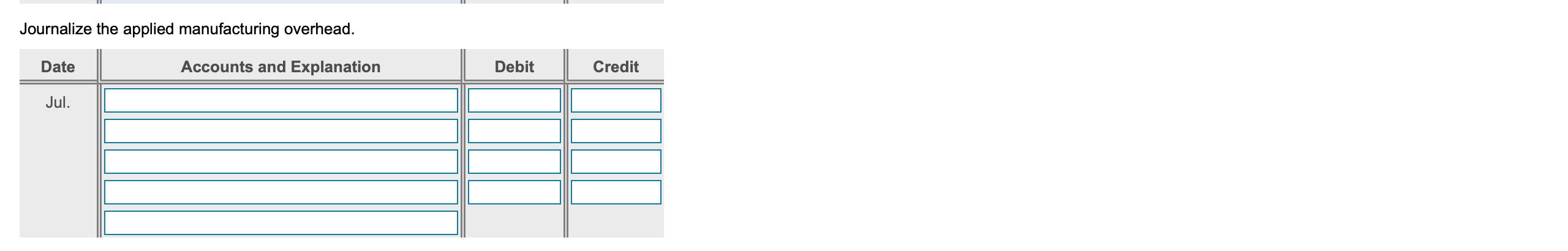 manufacturing overhead and the allocated manufacturing overhead. Journalize the movement of all