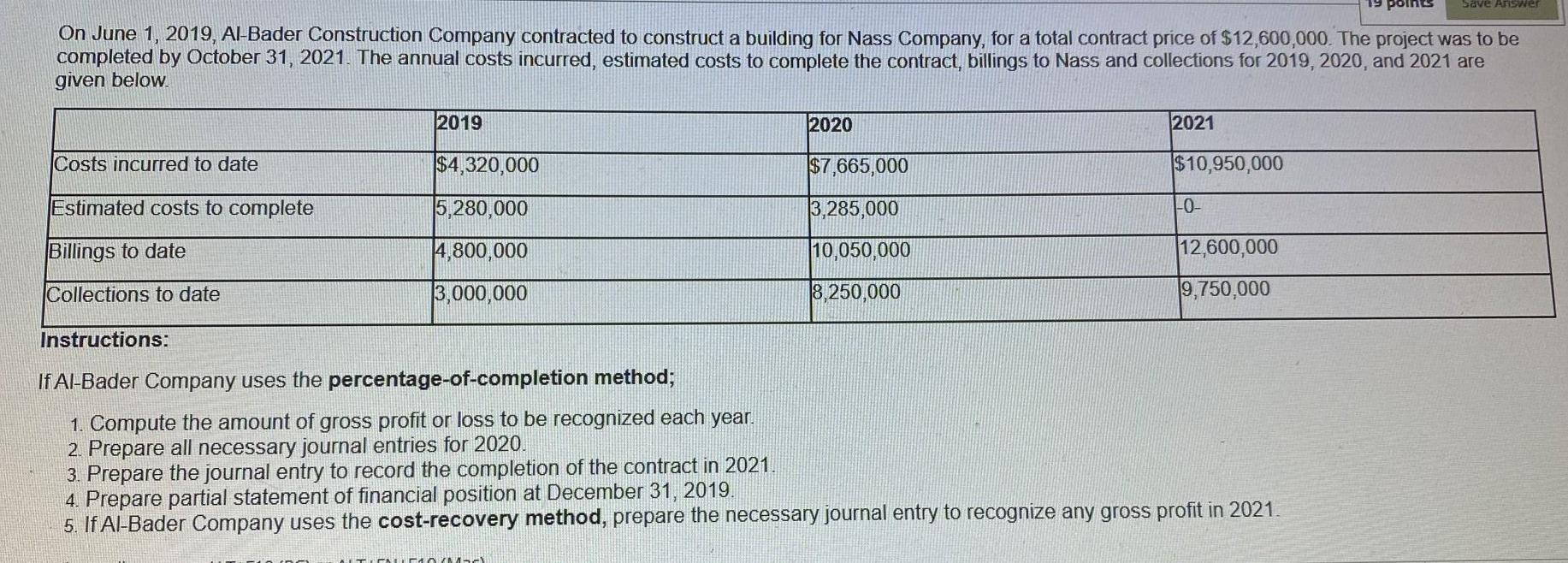  fast plese Save Answer On June 1, 2019, Al-Bader Construction Company