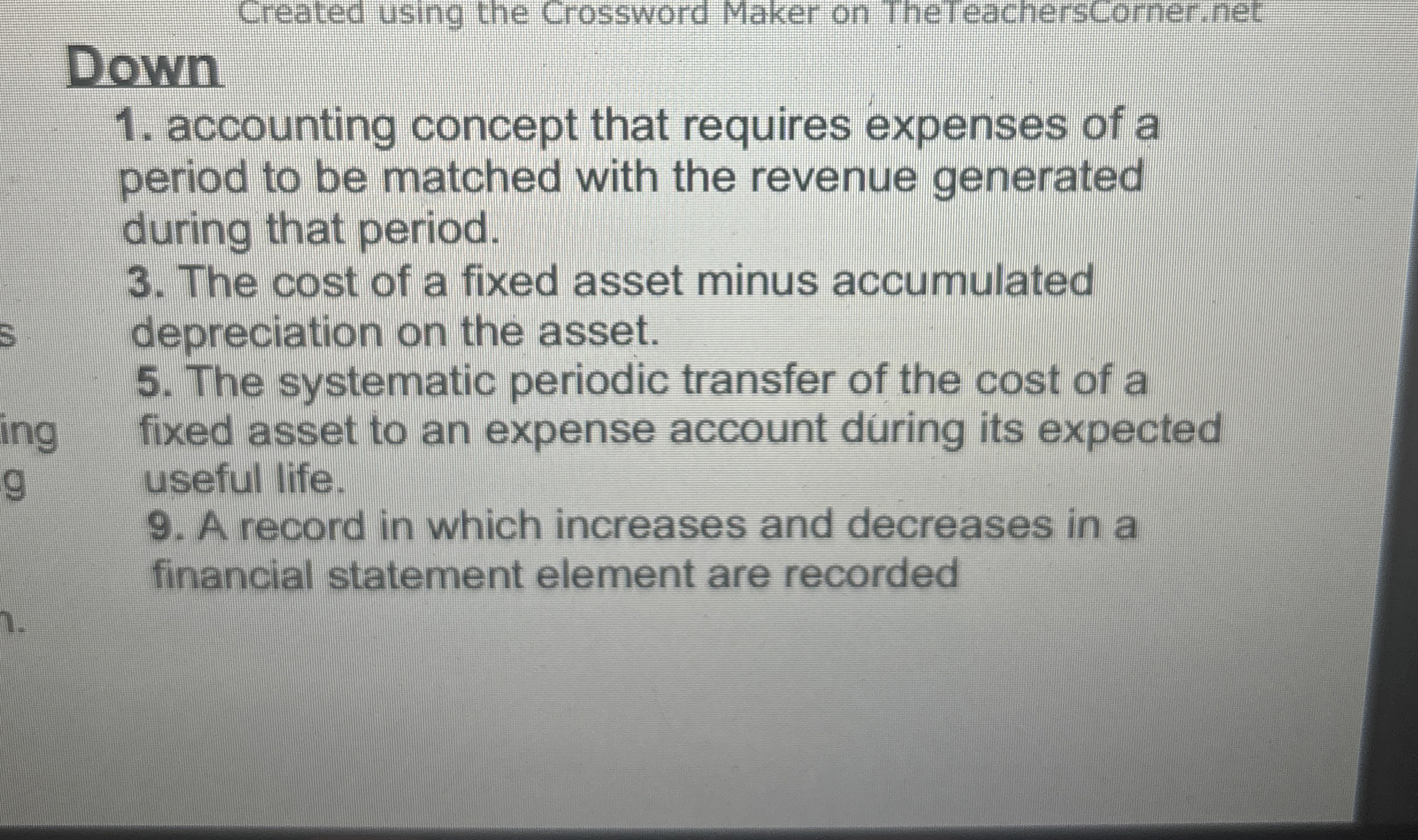  Created using the Crossword Maker on TheTeachersCorner. net Down accounting concept