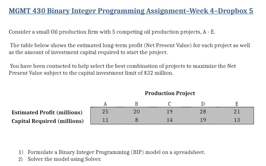  MGMT 430 Binary Integer Programming AssignmentWeek 4Dropbox 5 Consider a small