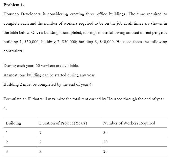  Problem 1. Houseco Developers is considering erecting three ofce buildings. The