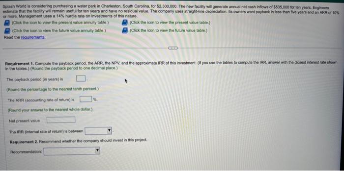 Please show work. Splash World is considering purchasing a water park in