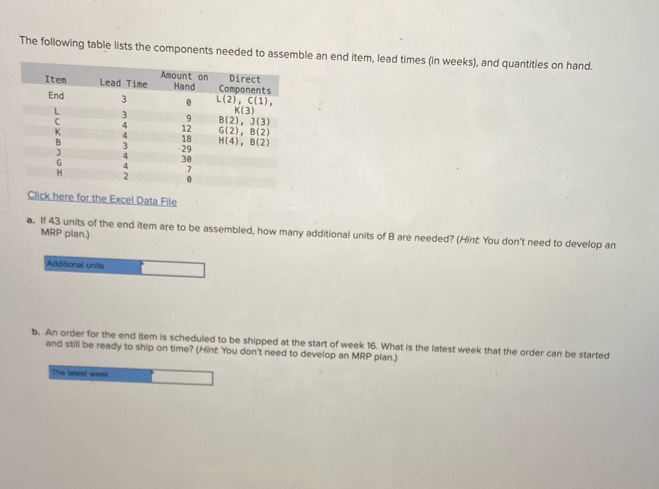  The following table lists the components needed to assemble an end