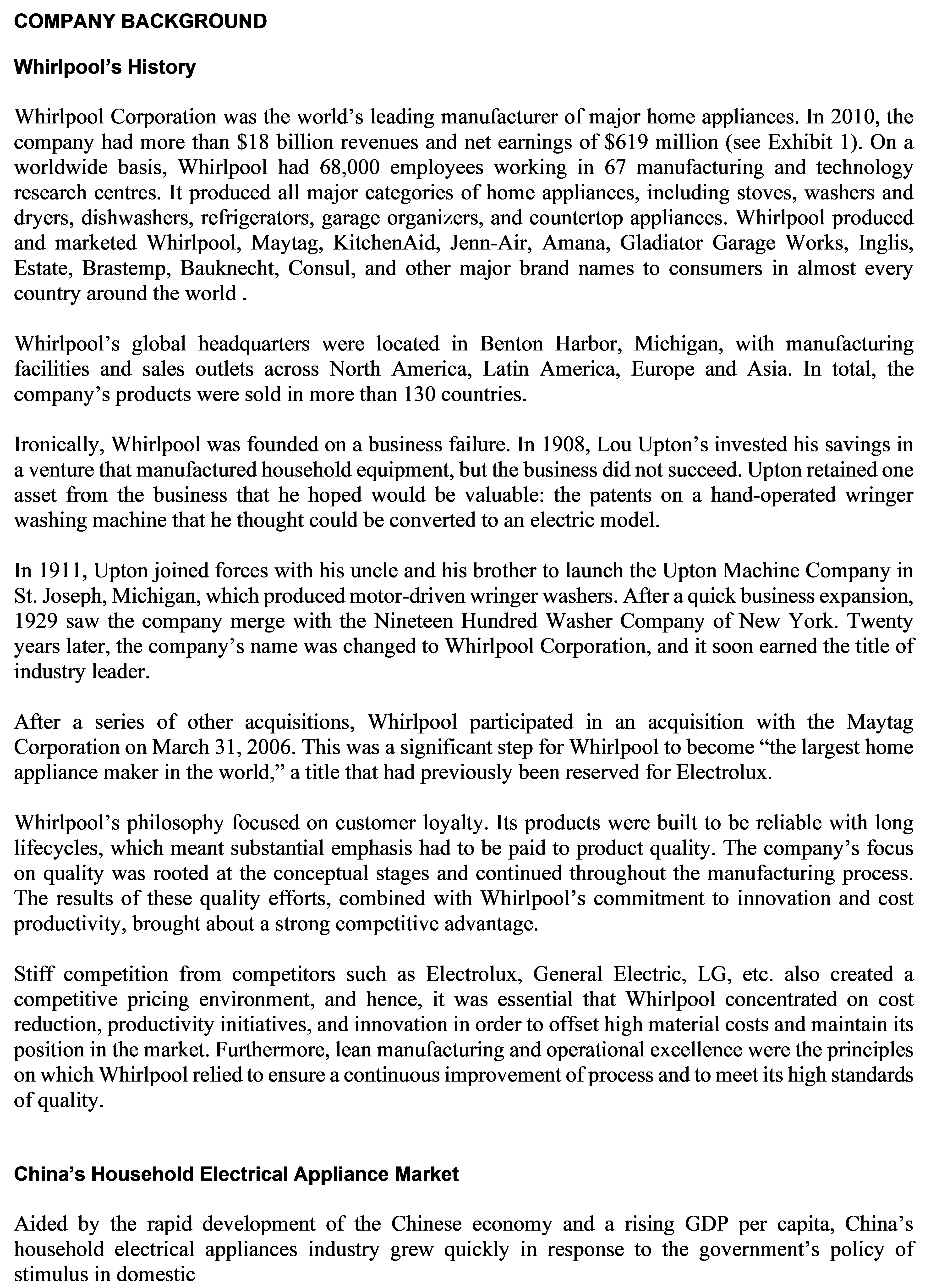 WHIRLPOOL CHINA: FINDING THE IDEAL SUPPLIER Dr. Martin Lockstrom, Thomas E. Callarman