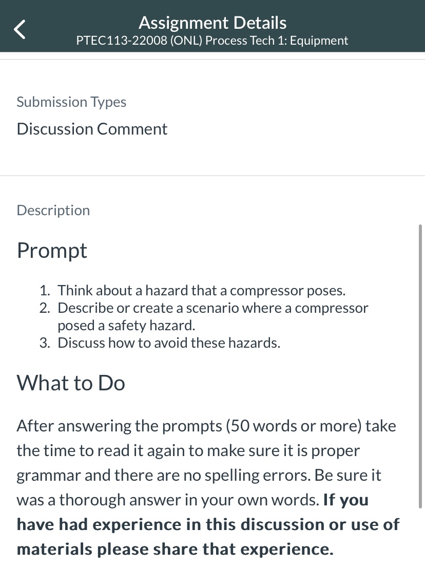 Assignment Details PTEC113-22008 (ONL) Process Tech 1: Equipment Submission Types Discussion