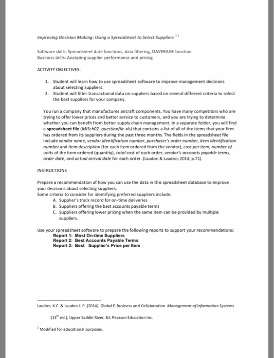  Improving Decision Making: Using a Spreadsheet to Select Suppliers 12 Software
