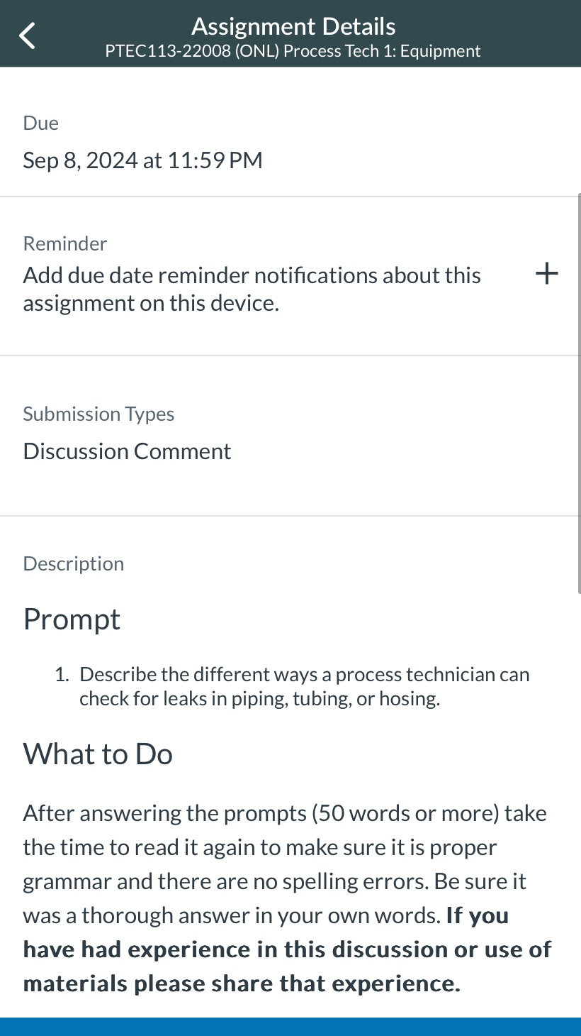 PTEC 113 Process Tech 1 Equipment Assignment Details PTEC113-22008 (ONL) Process Tech