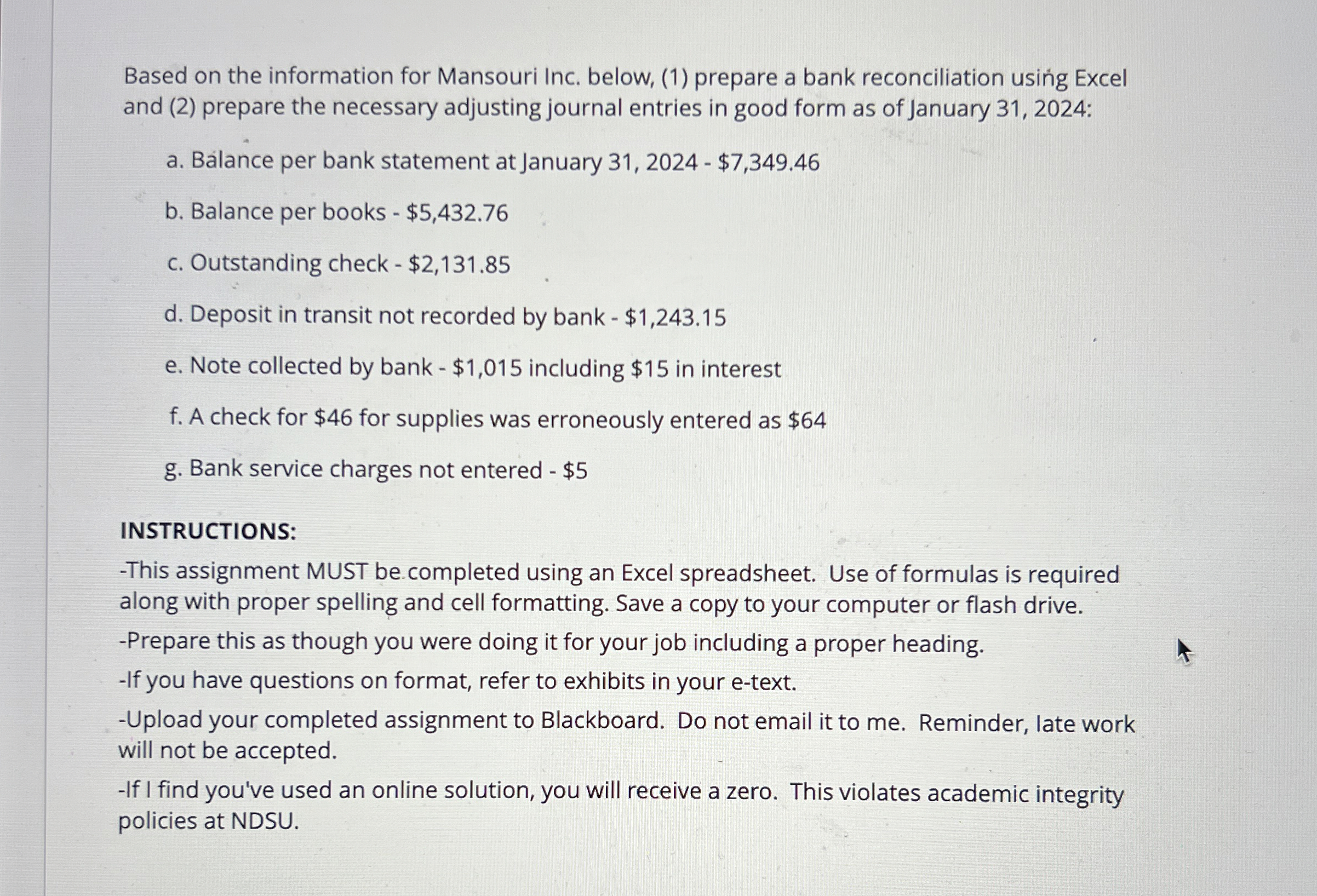  Based on the information for Mansouri Inc. below, (1) prepare a