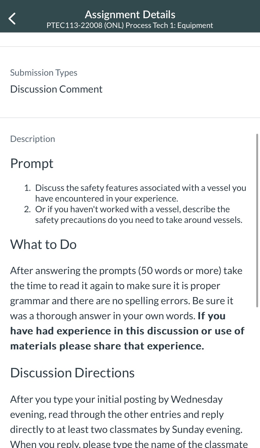 PTEC 113 Process Tech 1 Equipment Assignment Details PTEC113-22008 (ONL) Process Tech