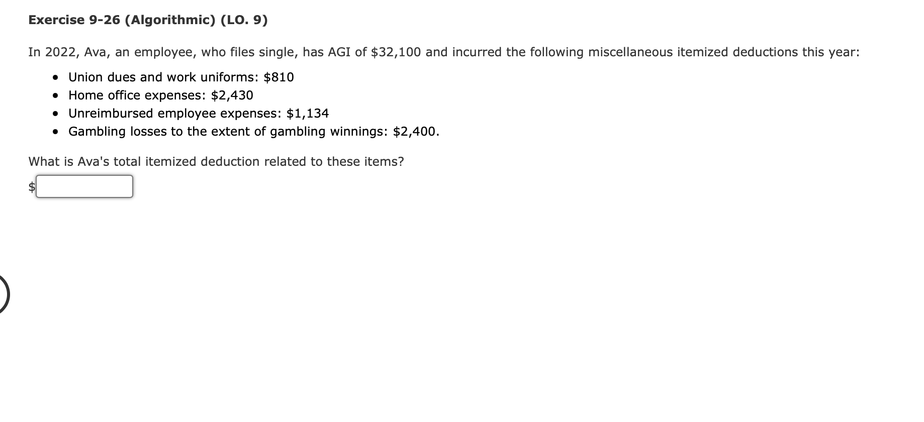 Exercise 9-26 (Algorithmic) (LO. 9) In 2022, Ava, an employee, who