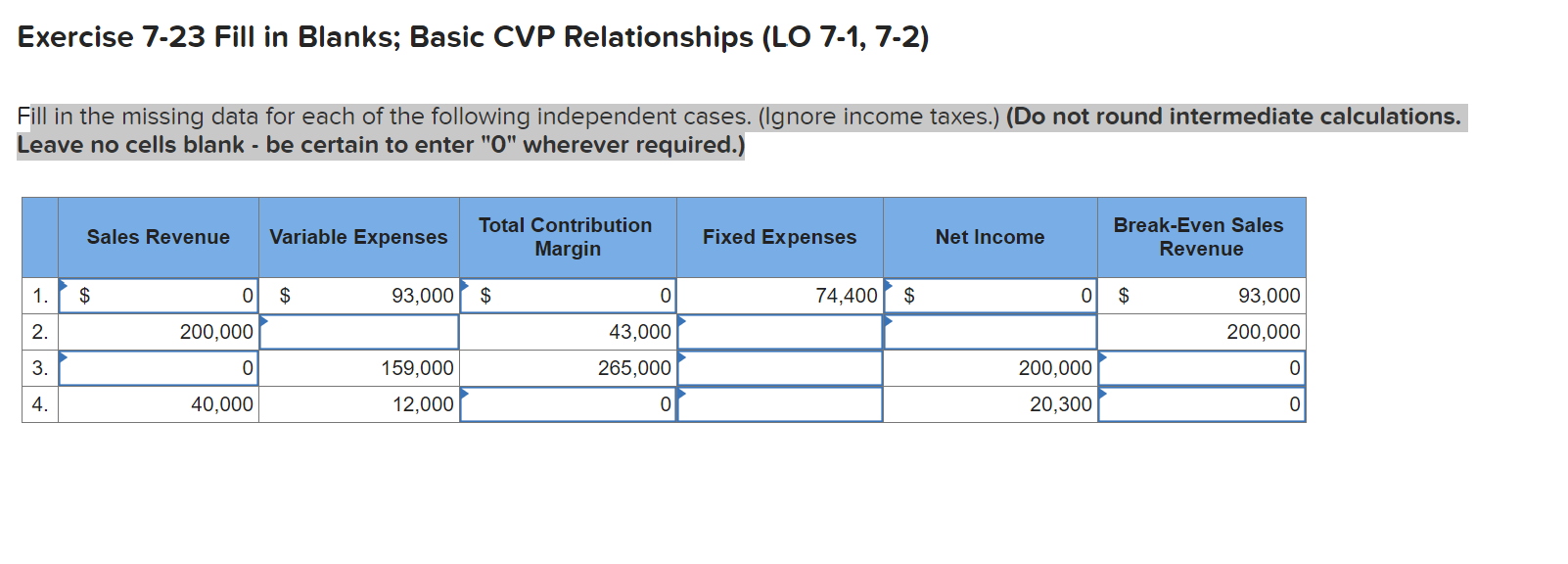 Exercise 7-23 Fill in Blanks; Basic CVP Relationships (LO 7-1, 7-2)