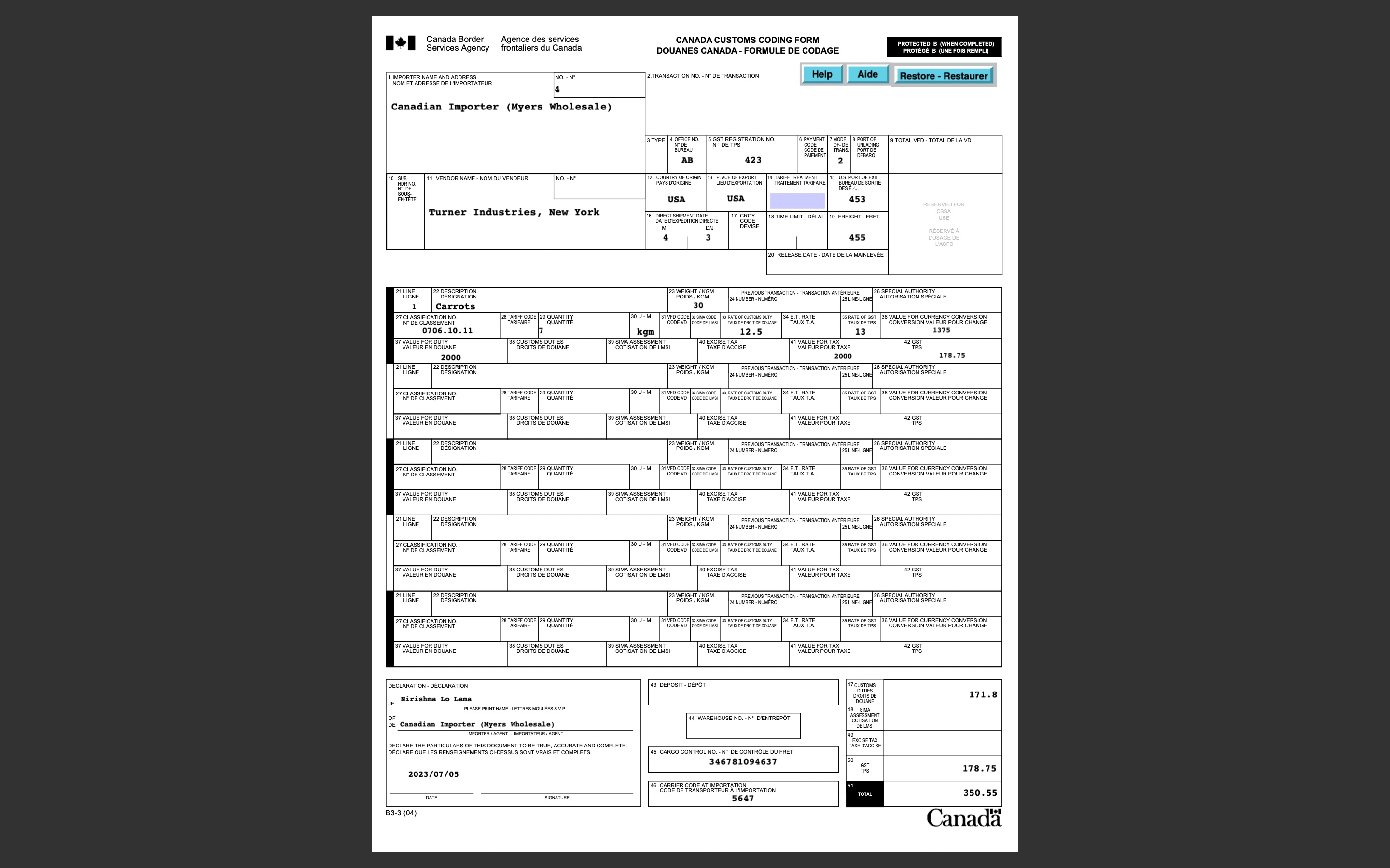 et adresse) 2. Date of direct shipment to Canada - Date d'expedition