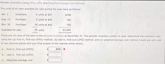  Periodic Inventory Using FFO, LIFO, and Weighted Average Cost Methods The