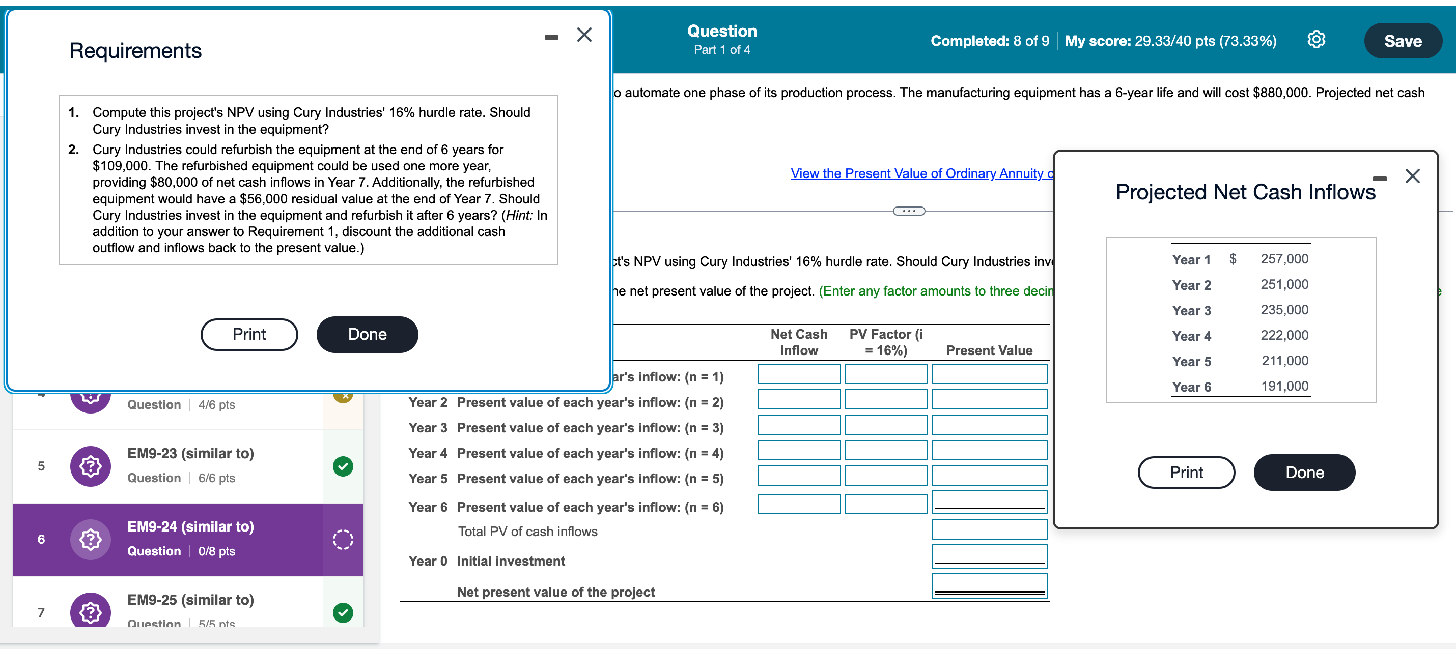  Requirements Compute this project's NPV using Cury Industries' 16% hurdle rate.