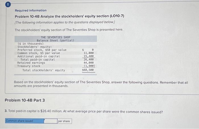 questions displayed below] The stockholders' equity section of The Seventies Shop is