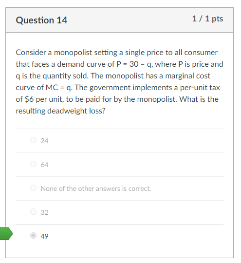 Why is the answer 49? Consider a monopolist setting a single price