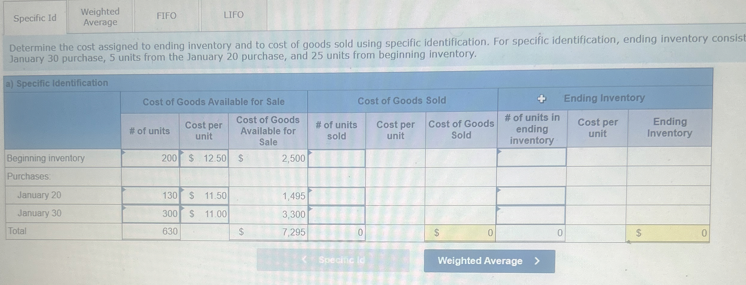  Specific Id Weighted Average FIFO LIFO Determine the cost assigned to