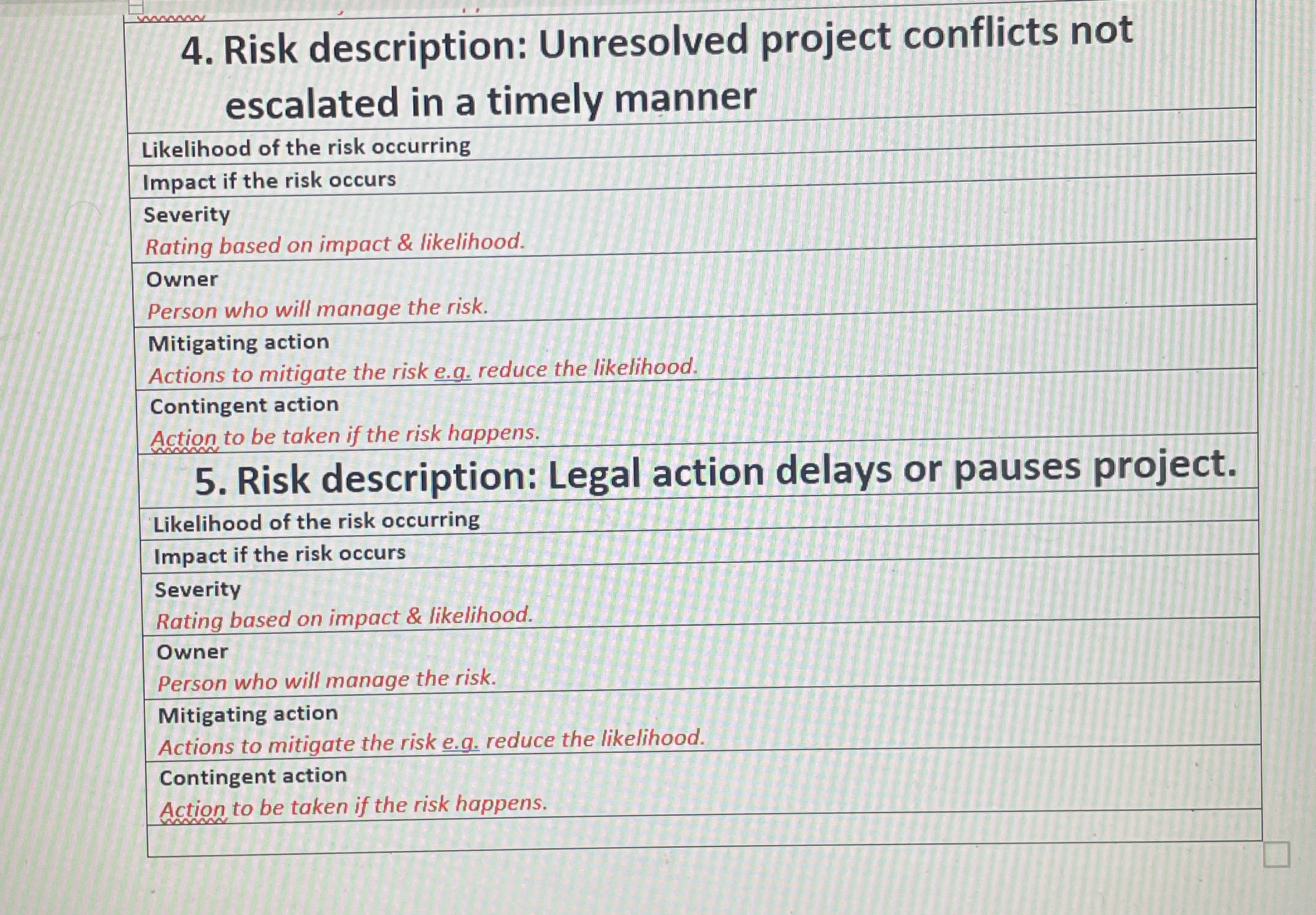  4. Risk description: Unresolved project conflicts not escalated in a timely