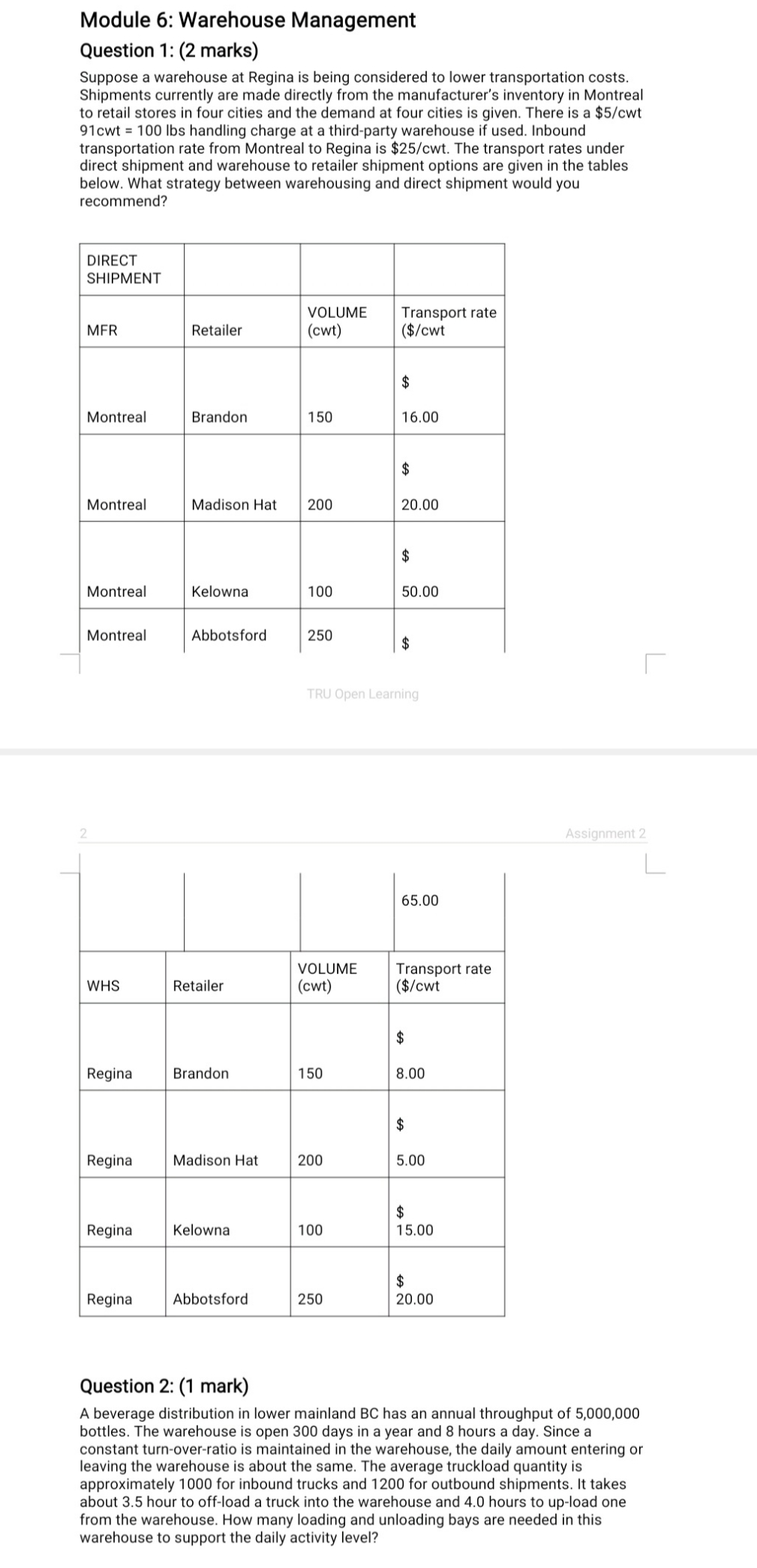 Assignment 3: Warehouse, Transportation & Journal Entry (5%)Module 6: Warehouse ManagementQuestion 1: