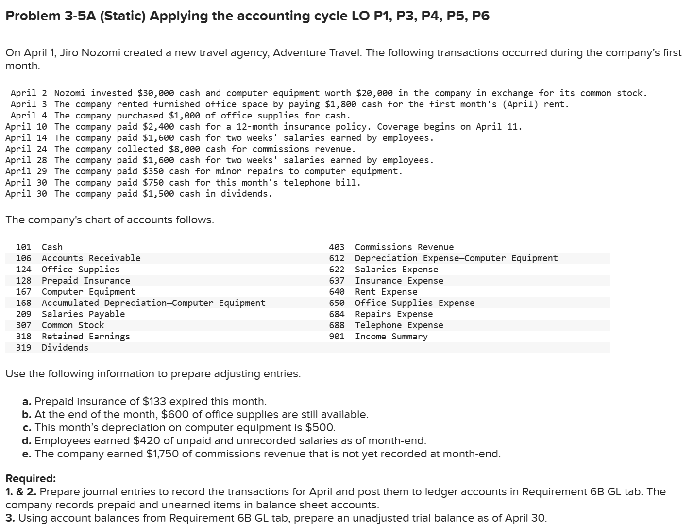  Problem 3-5A (Static) Applying the accounting cycle LO P1, P3, P4,
