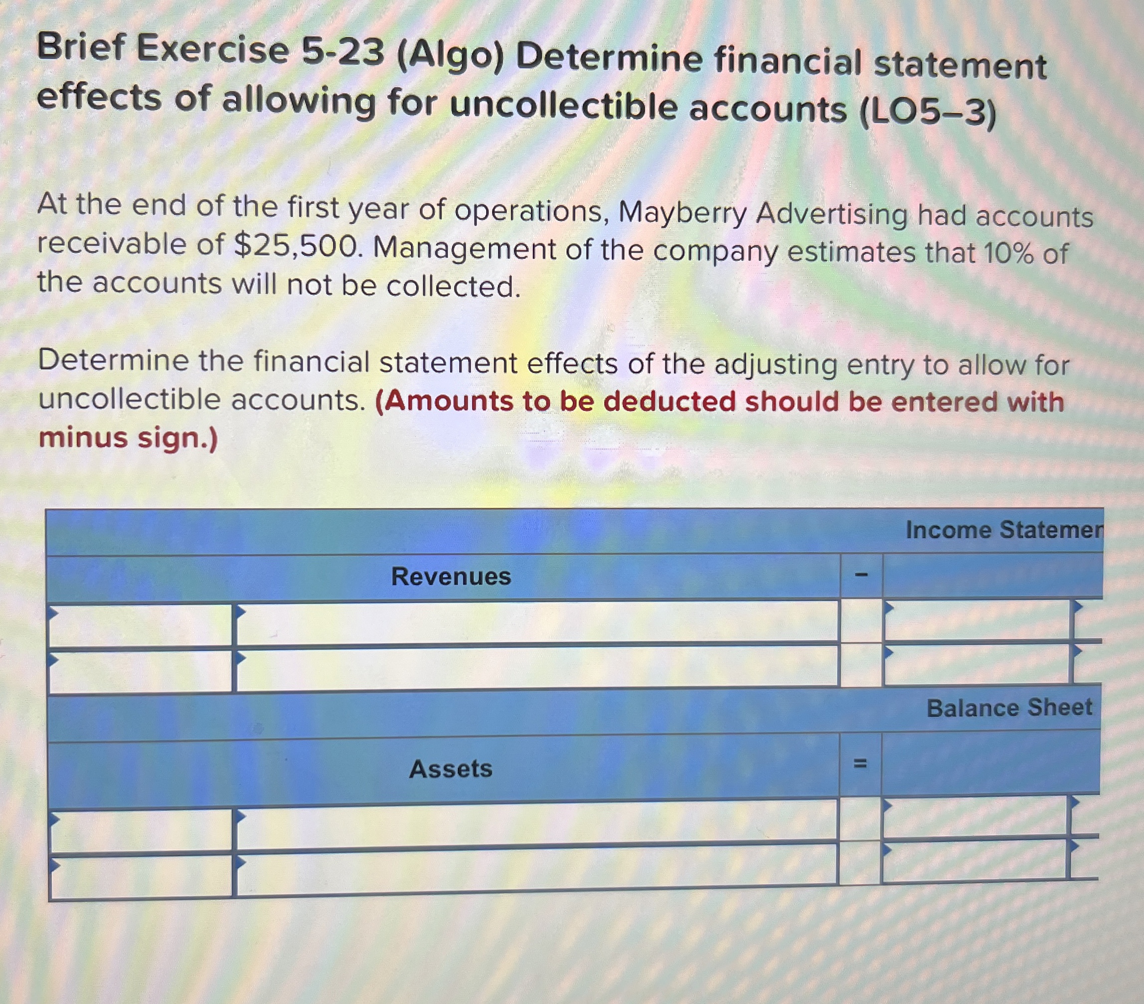  Brief Exercise 5-23(Algo) Determine financial statement effects of allowing for uncollectible