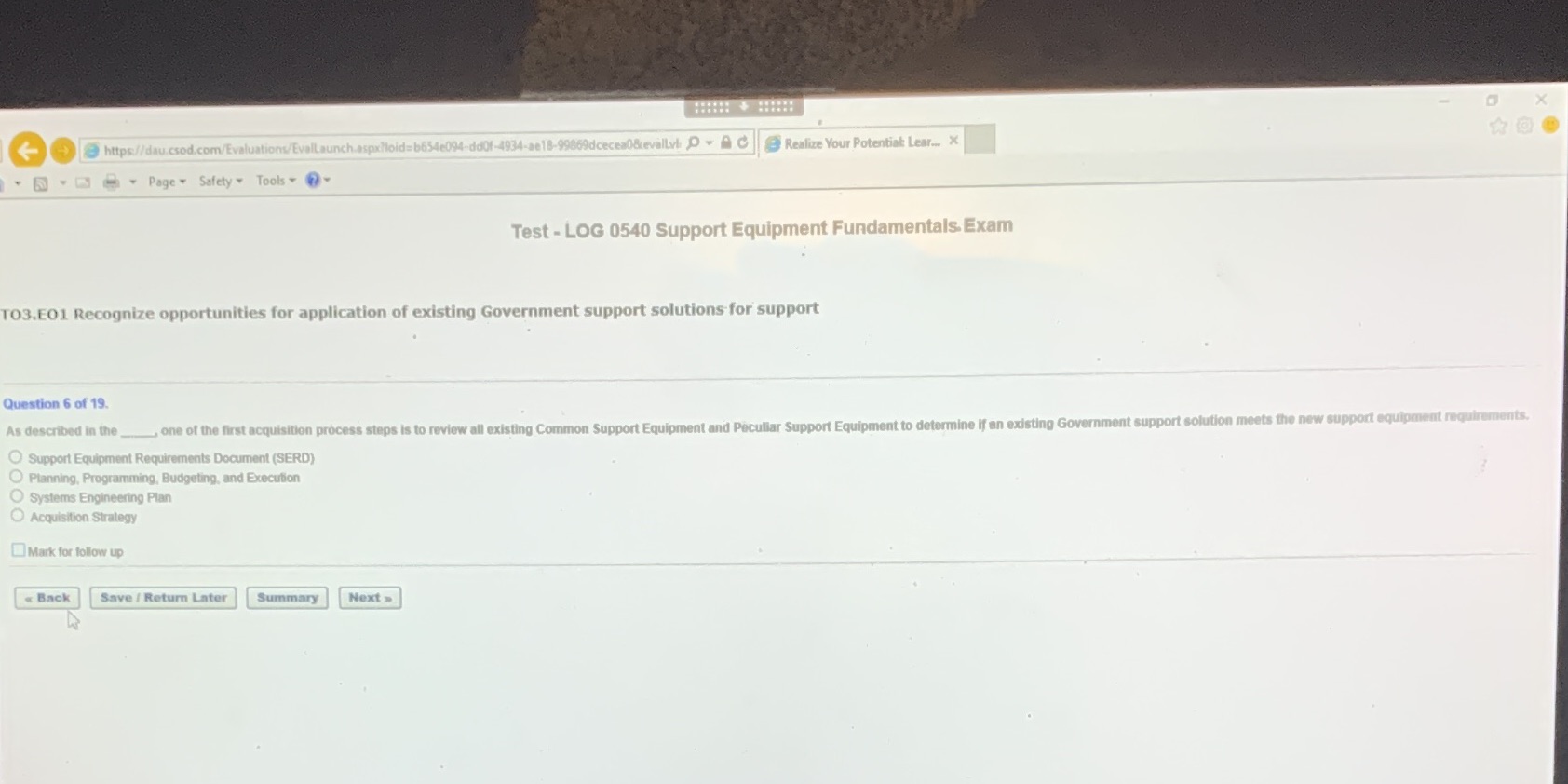  X GO https://dau.csod.com/Evaluations/EvalLaunch.aspx/loid= b654e094-ddOf-4934-ae18-99869dceceal&evallvl: p . A C|Realize Your Potential Lear...