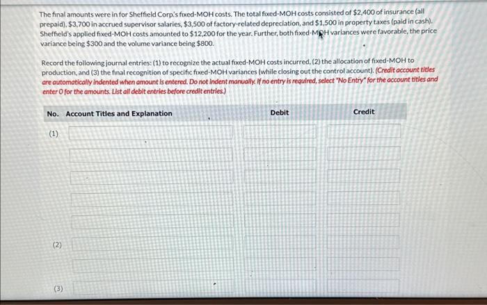  help please The final amounts were in for Sheffield Corp's fixed-MOH
