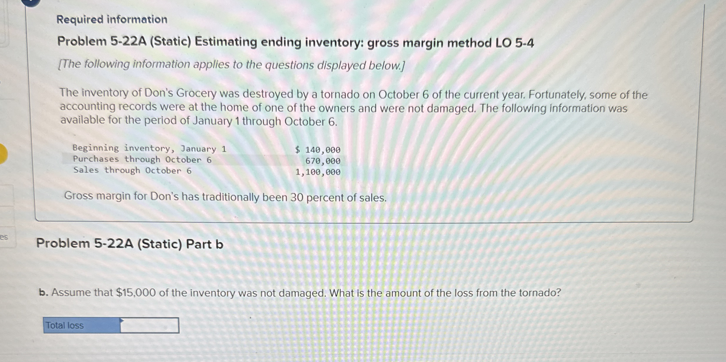  Required information Problem 5-22A (Static) Estimating ending inventory: gross margin method