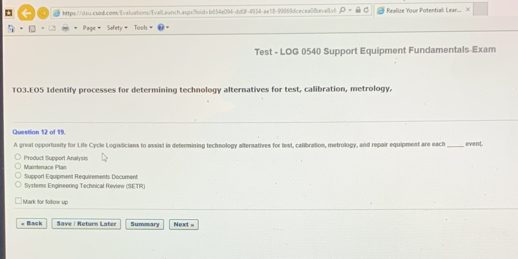  https://dau.csod.com/Evaluations/EvalLaunch.aspx?loid=b654e094-ddOf-4934-ae18-99869dcecea0&evalLvI: O - a c Realize Your Potential: Lear... X Page